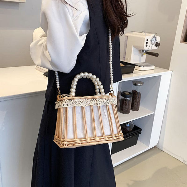 包女包2022新款蕾丝珍珠手提小方包ins韩版潮流时尚草编包编织包